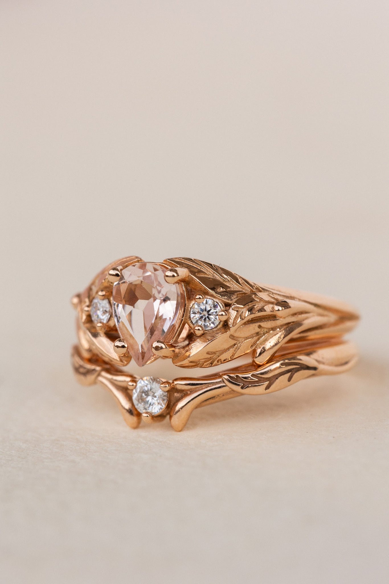 Natural rose morganite and side diamonds rose gold bridal ring set / Wisteria - Eden Garden Jewelry™