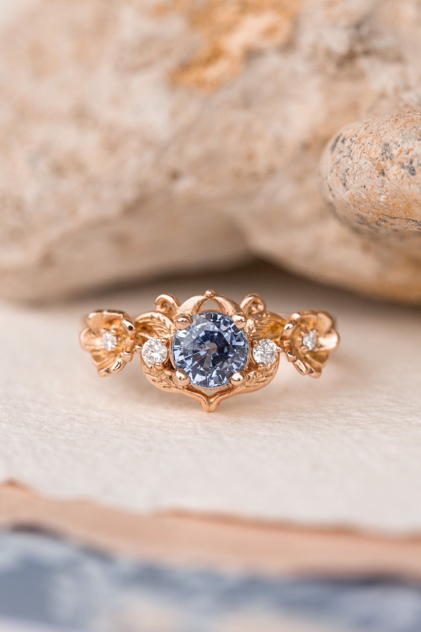 Natural sapphire and diamonds engagement ring, gold flower proposal ring / Adelina - Eden Garden Jewelry™