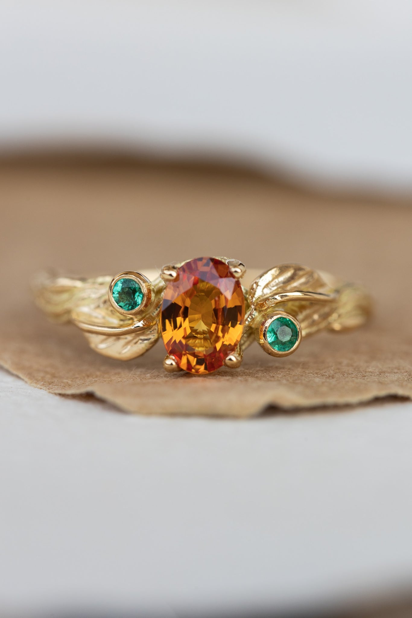 Genuine orange sapphire and natural emeralds branch engagement ring ...
