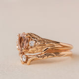 Natural rose morganite and side diamonds rose gold bridal ring set / Wisteria - Eden Garden Jewelry™