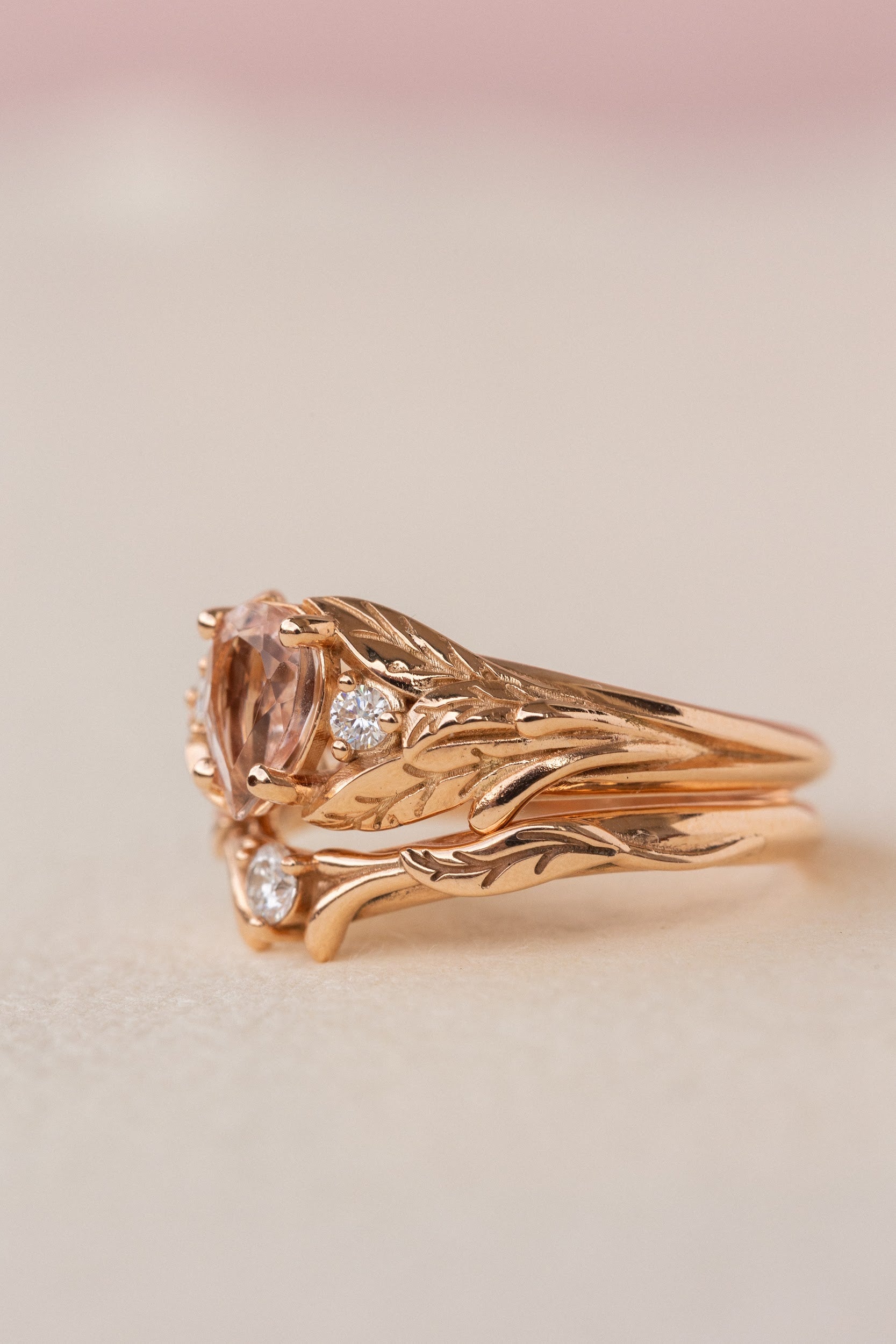 Natural rose morganite and side diamonds rose gold bridal ring set / Wisteria - Eden Garden Jewelry™