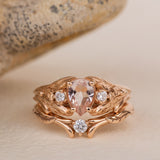 Natural rose morganite and side diamonds rose gold bridal ring set / Wisteria - Eden Garden Jewelry™