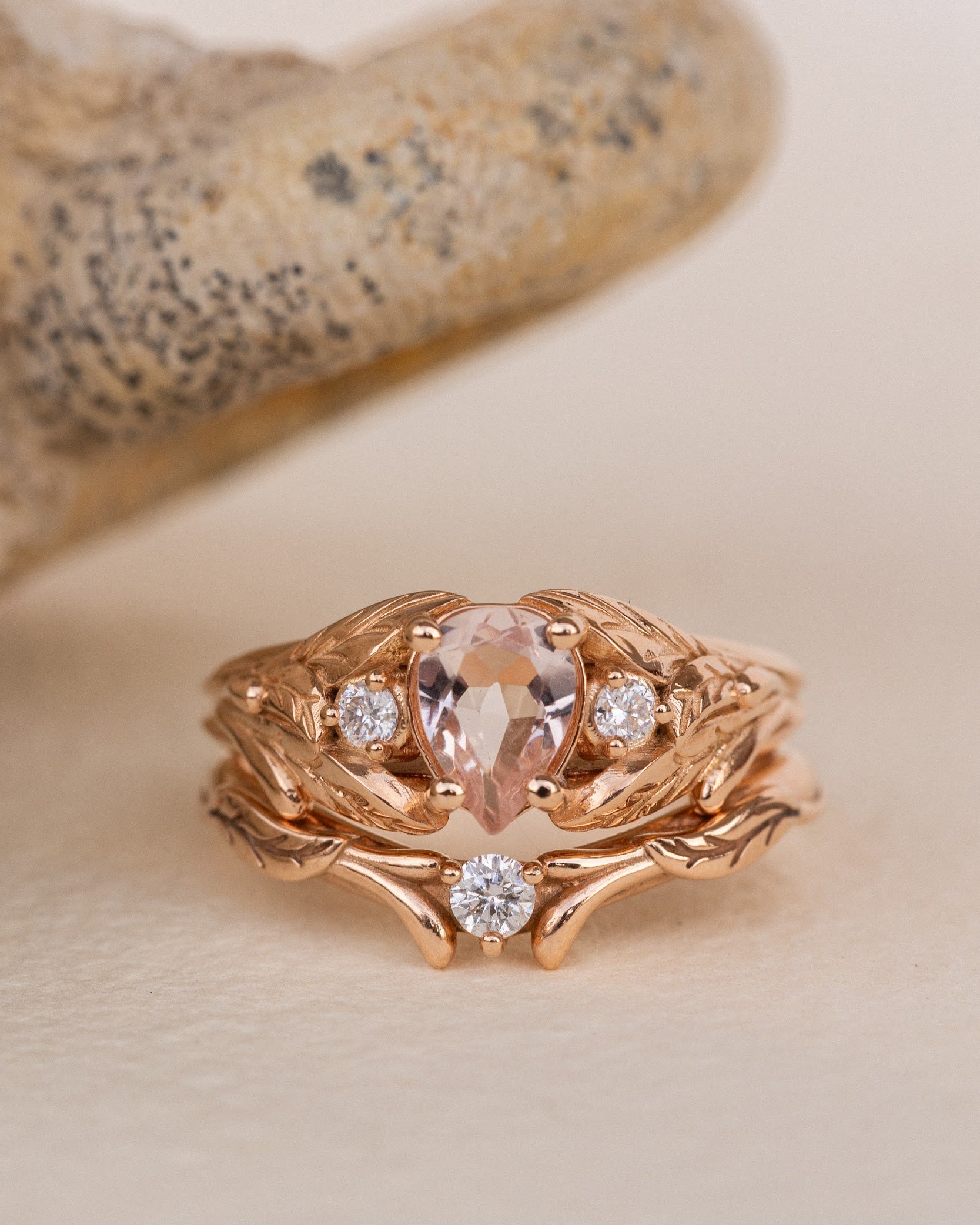 Natural rose morganite and side diamonds rose gold bridal ring set / Wisteria - Eden Garden Jewelry™
