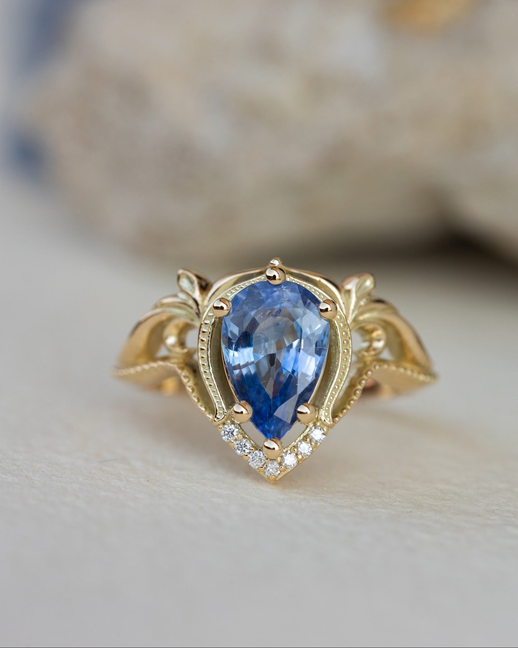 2 carat light blue sapphire engagement ring, vintage inspired gold statement ring / Lida - Eden Garden Jewelry™