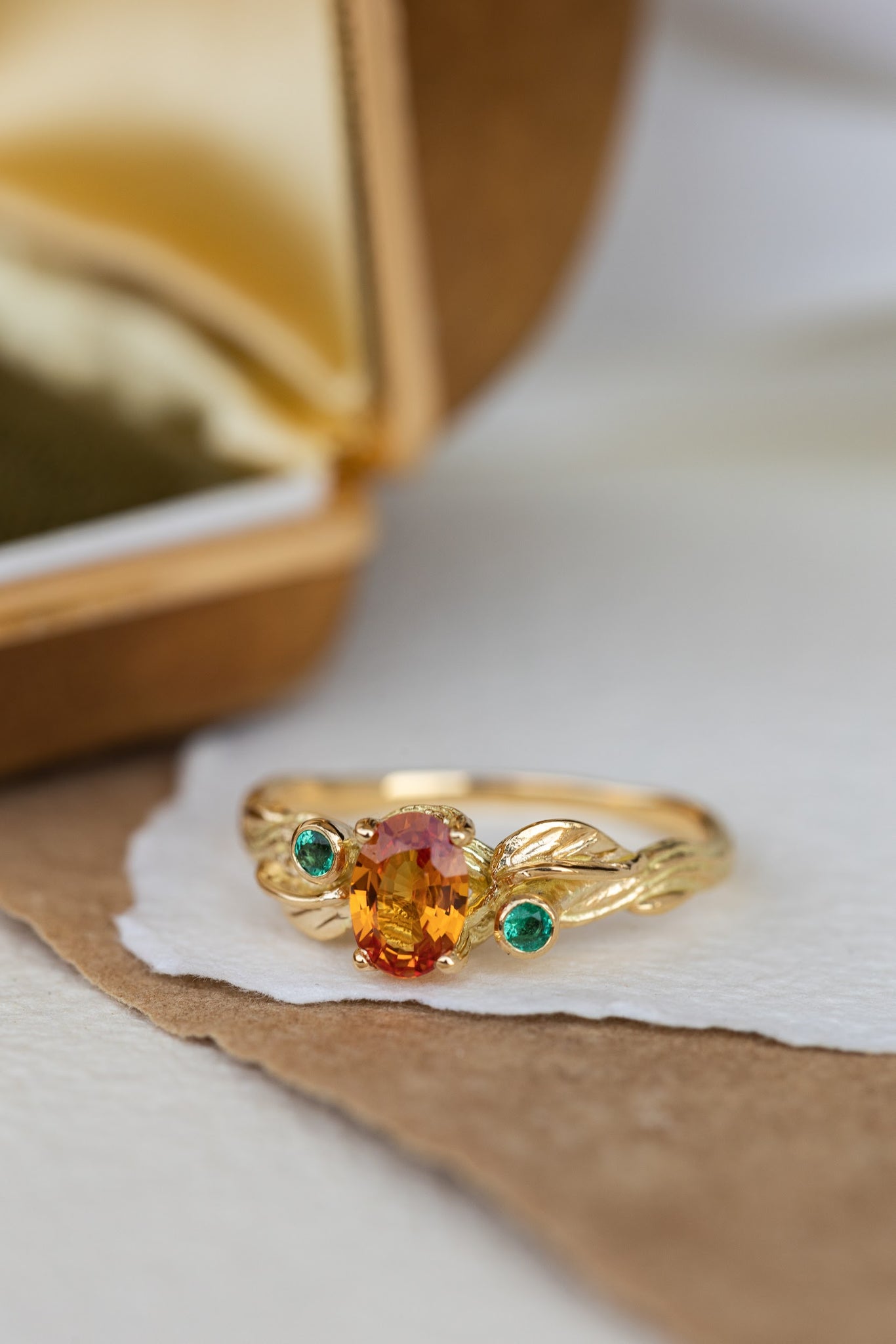 Genuine orange sapphire and natural emeralds branch engagement ring / Arius - Eden Garden Jewelry™