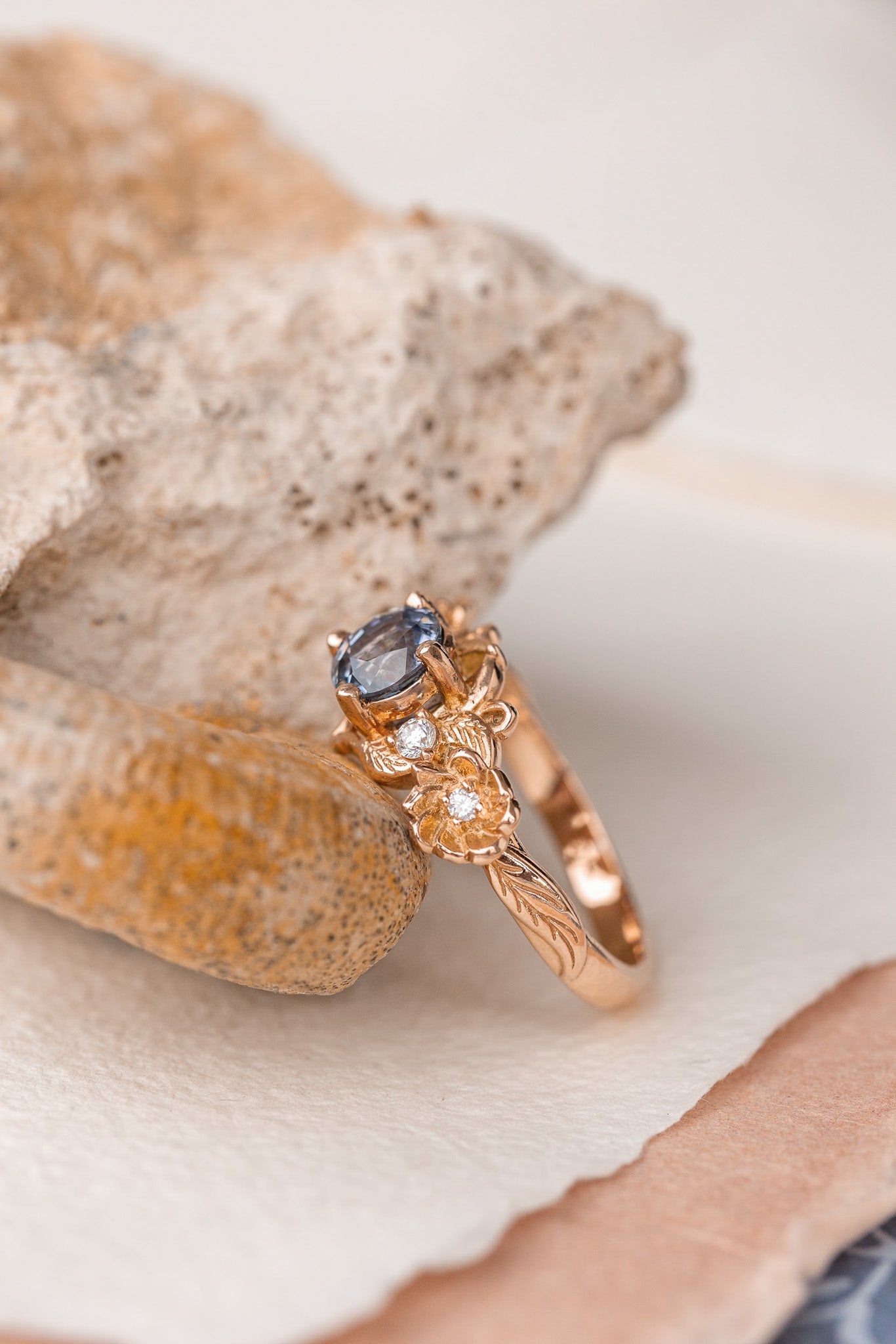 Natural sapphire and diamonds engagement ring, gold flower proposal ring / Adelina - Eden Garden Jewelry™