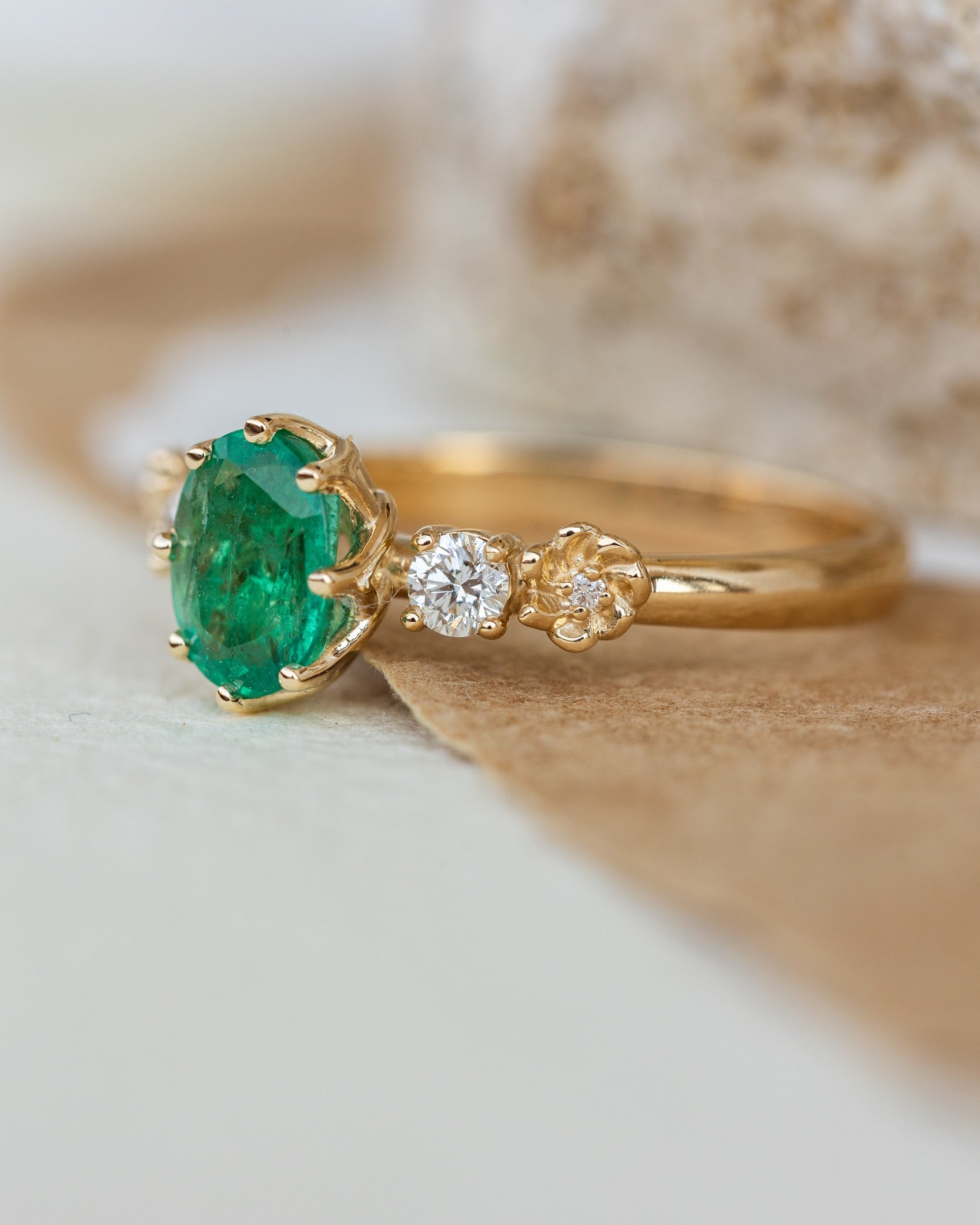 Natural oval emerald engagement ring, flower engagement ring with diamonds / Fiorella - Eden Garden Jewelry™