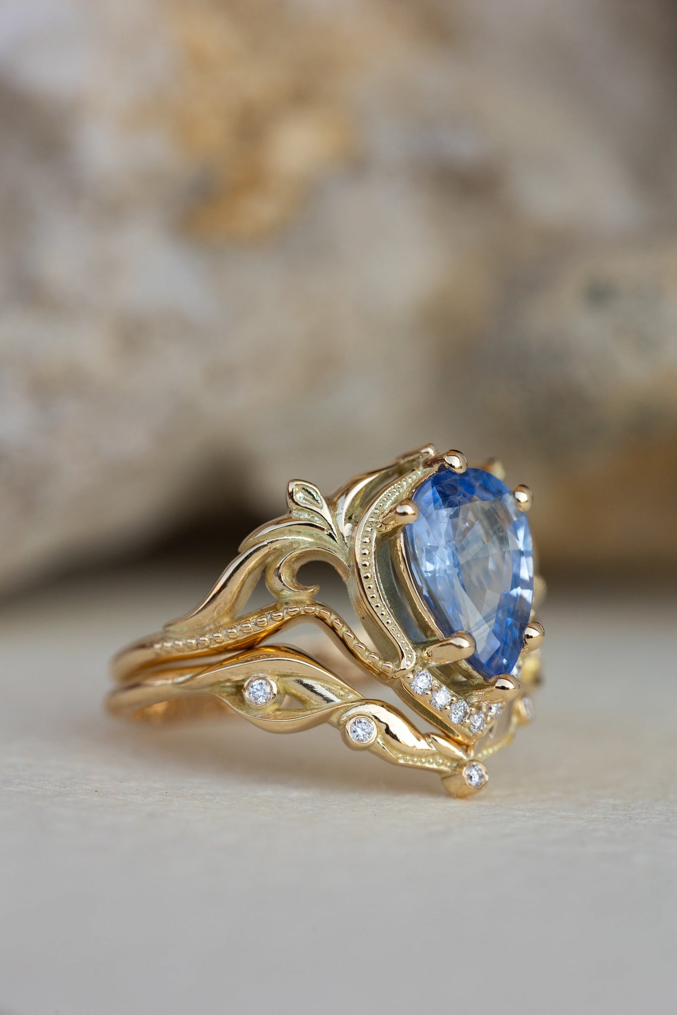 2 carat light blue sapphire engagement ring, vintage inspired gold statement ring / Lida - Eden Garden Jewelry™