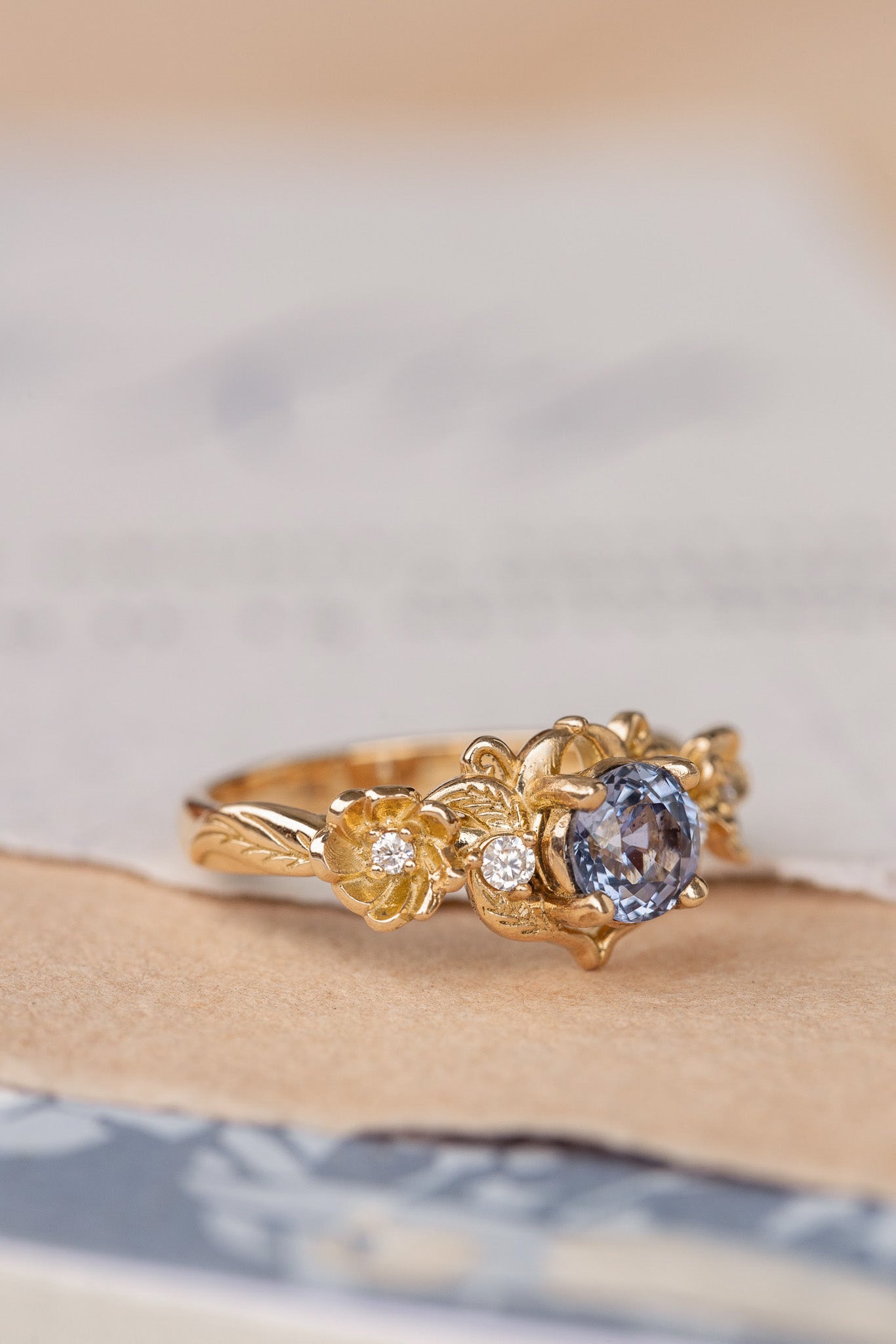 Natural sapphire and diamonds engagement ring, gold flower proposal ring / Adelina - Eden Garden Jewelry™