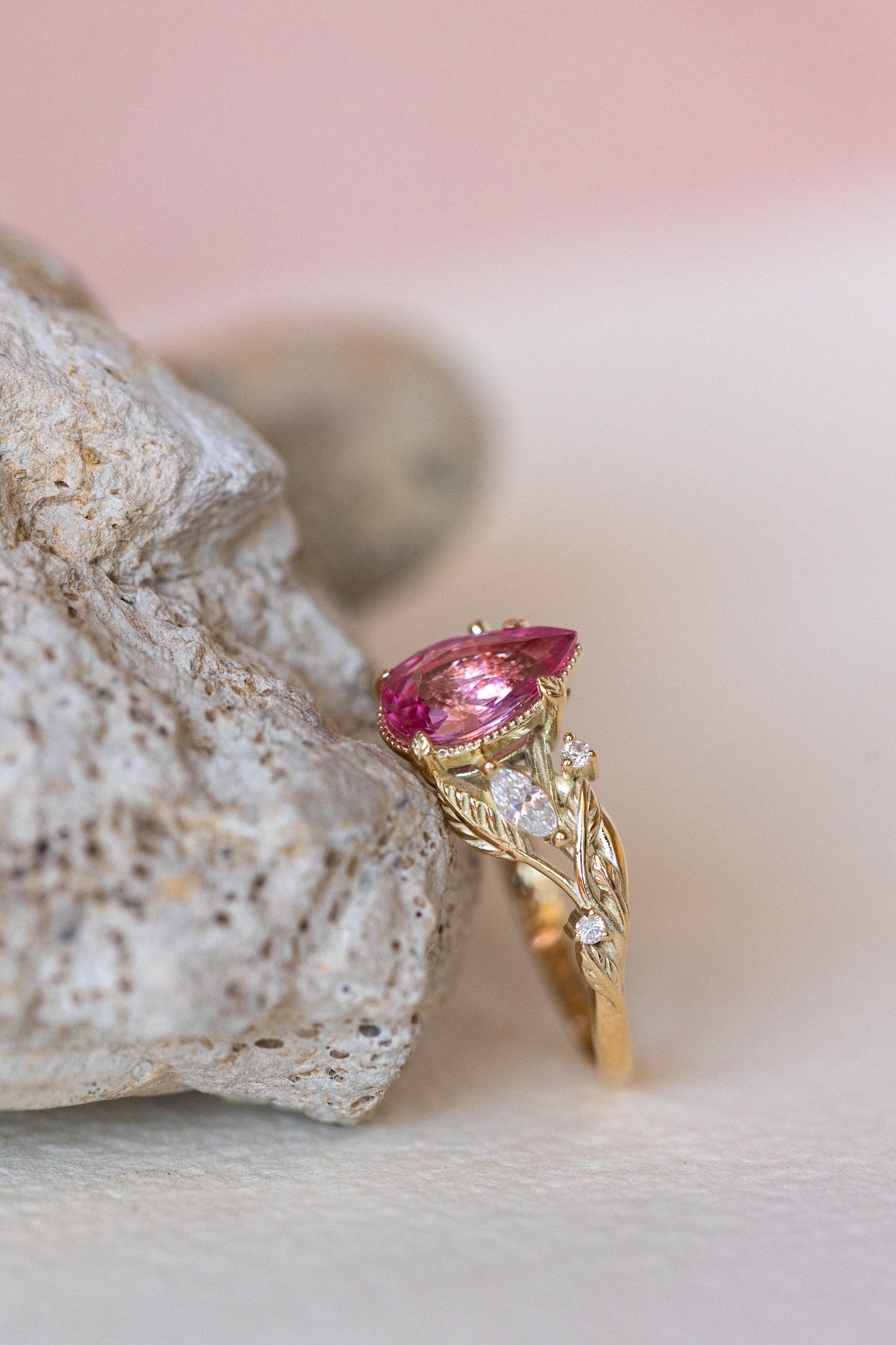 Natural pink spinel engagement ring, gold nature inspired engagement ring with leaves and diamonds / Patricia - Eden Garden Jewelry™