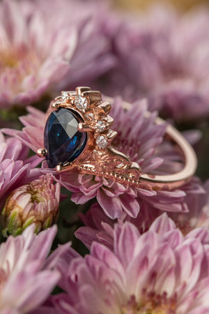 READY TO SHIP: Ariadne engagement ring, pear cut natural blue sapphire, accents moissanites, 14K rose gold, AVAILABLE RING SIZES: 5.5 -7.5 US