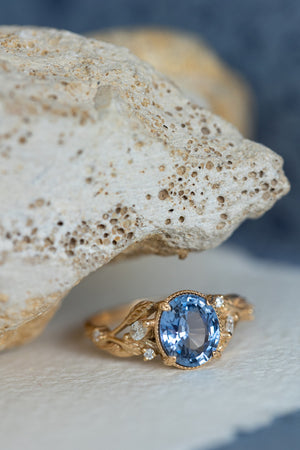 Light blue sapphire bridal ring set, gold branch engagement ring with diamonds / Patricia - Eden Garden Jewelry™