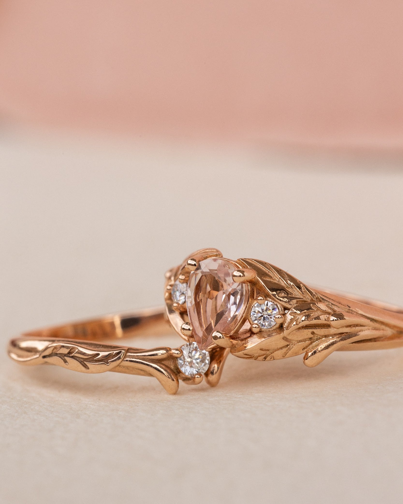 Natural rose morganite and side diamonds rose gold bridal ring set / Wisteria - Eden Garden Jewelry™