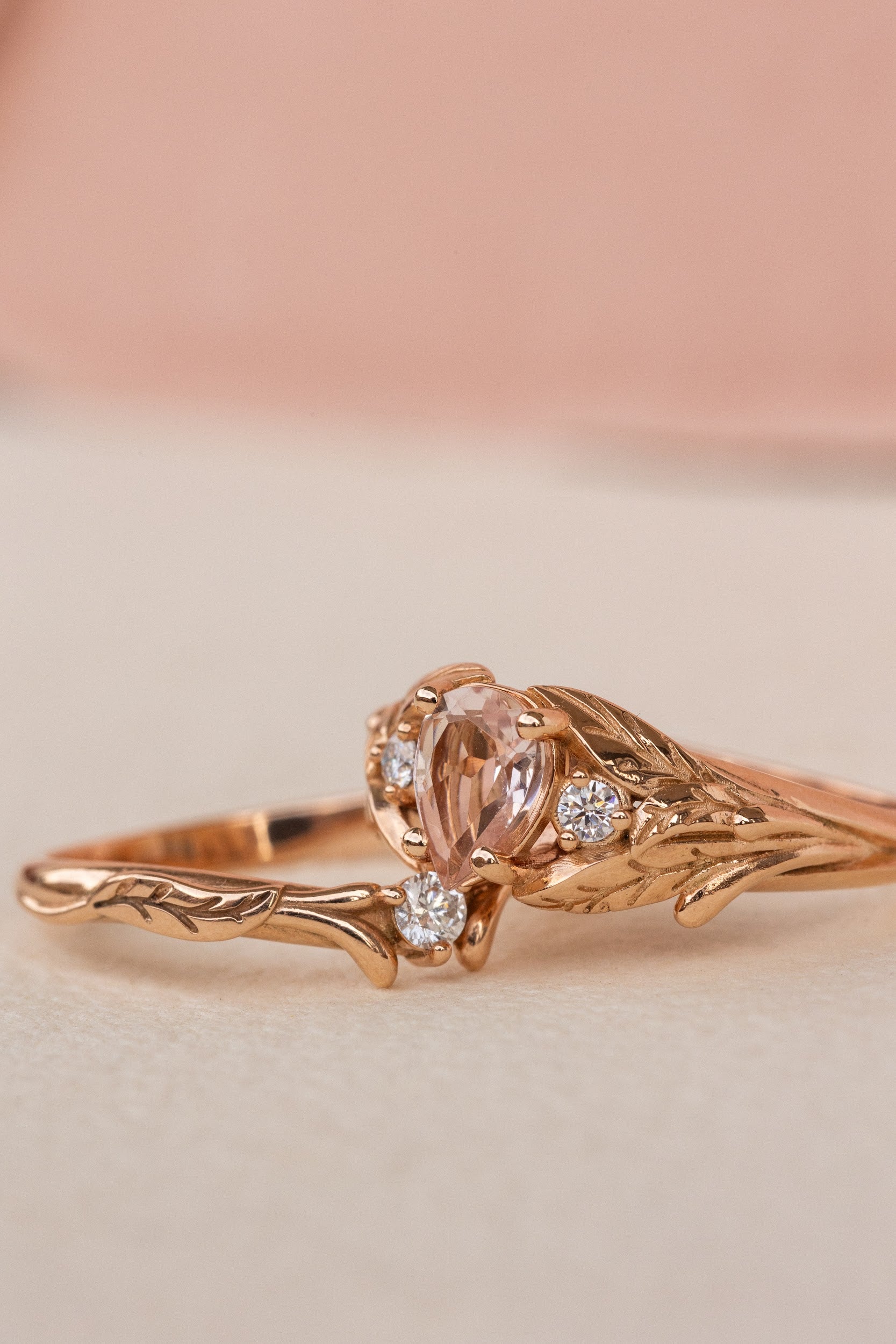 Natural rose morganite and side diamonds rose gold bridal ring set / Wisteria - Eden Garden Jewelry™