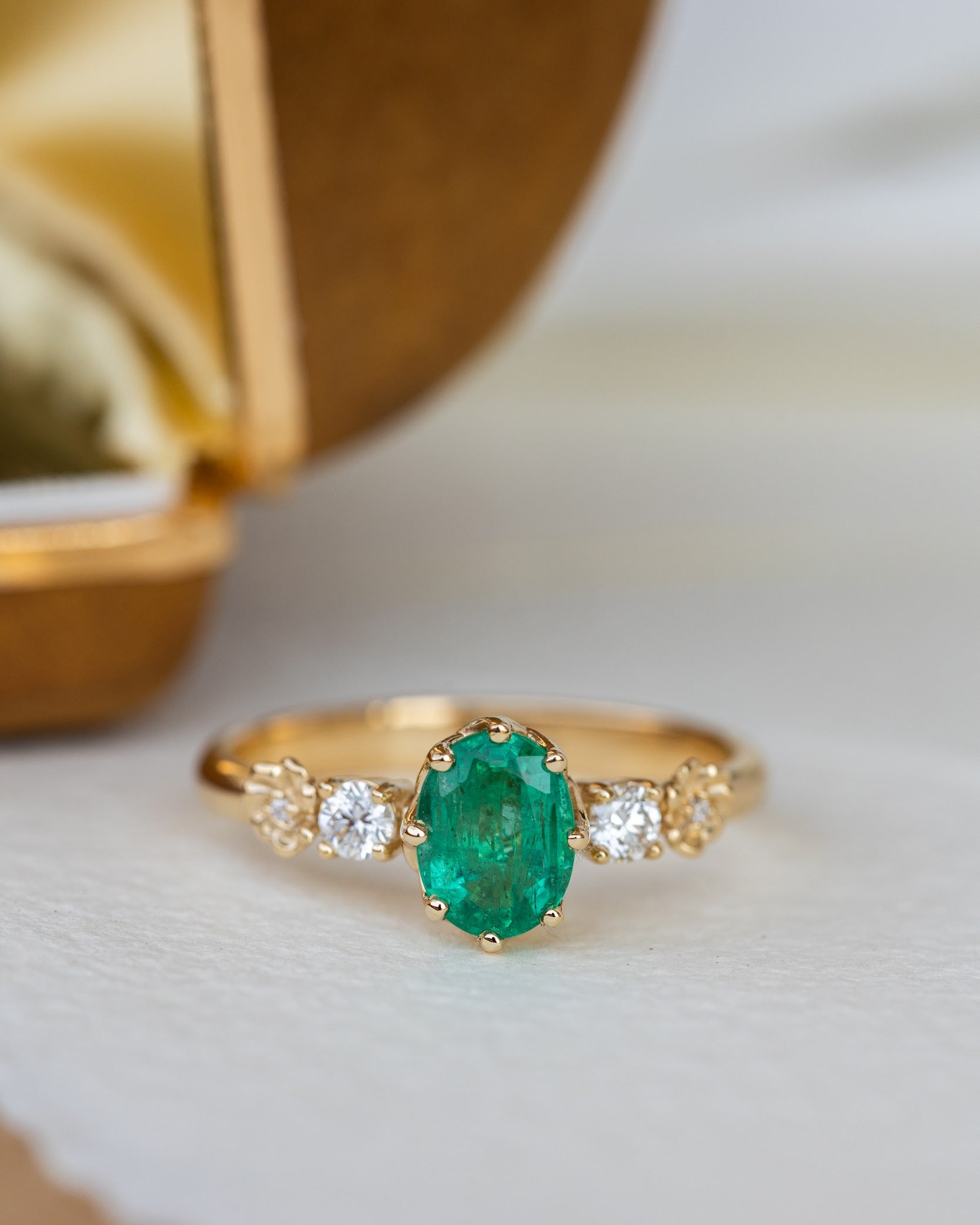 Natural oval emerald engagement ring, flower engagement ring with diamonds / Fiorella - Eden Garden Jewelry™