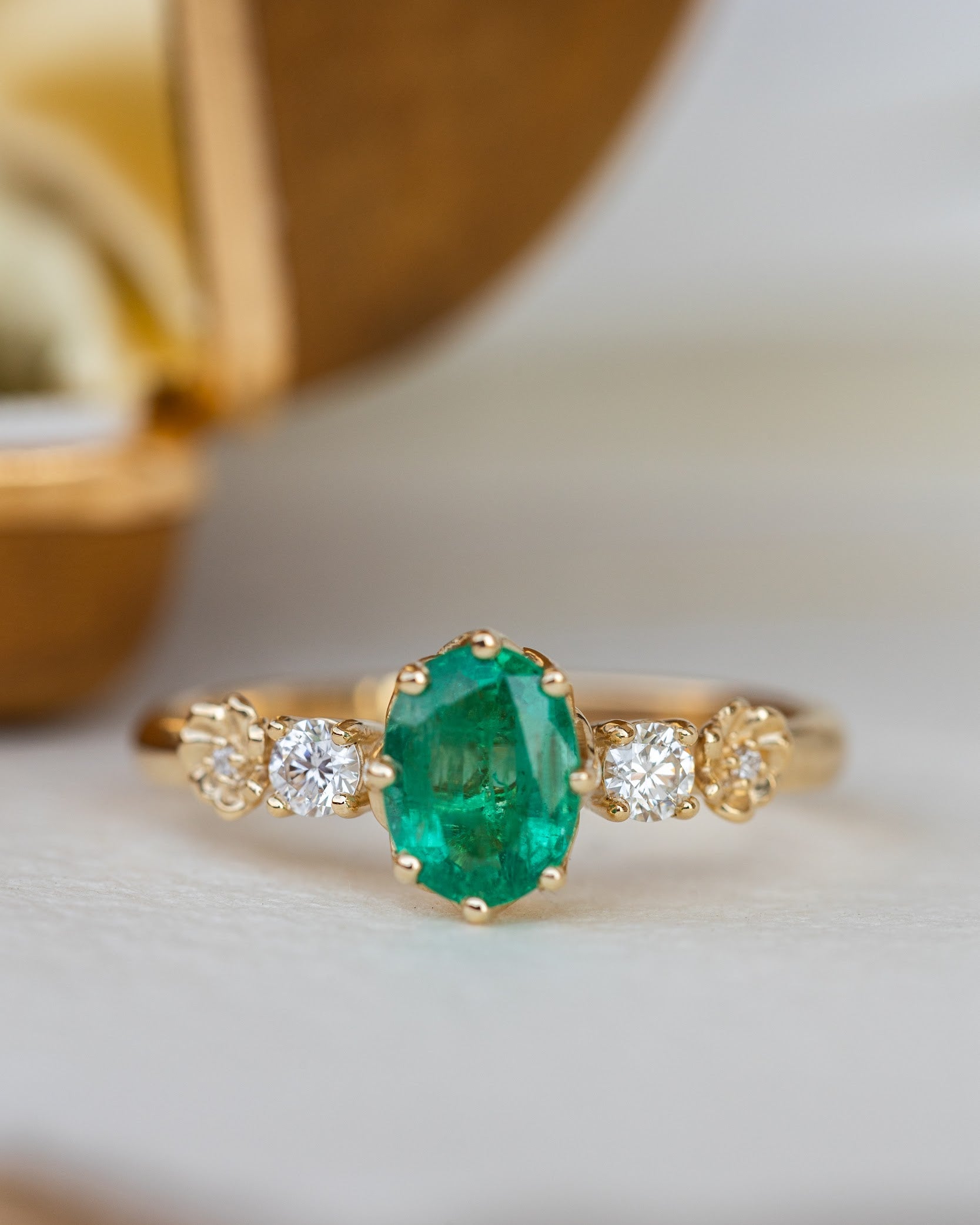 Natural oval emerald engagement ring, flower engagement ring with diamonds / Fiorella - Eden Garden Jewelry™