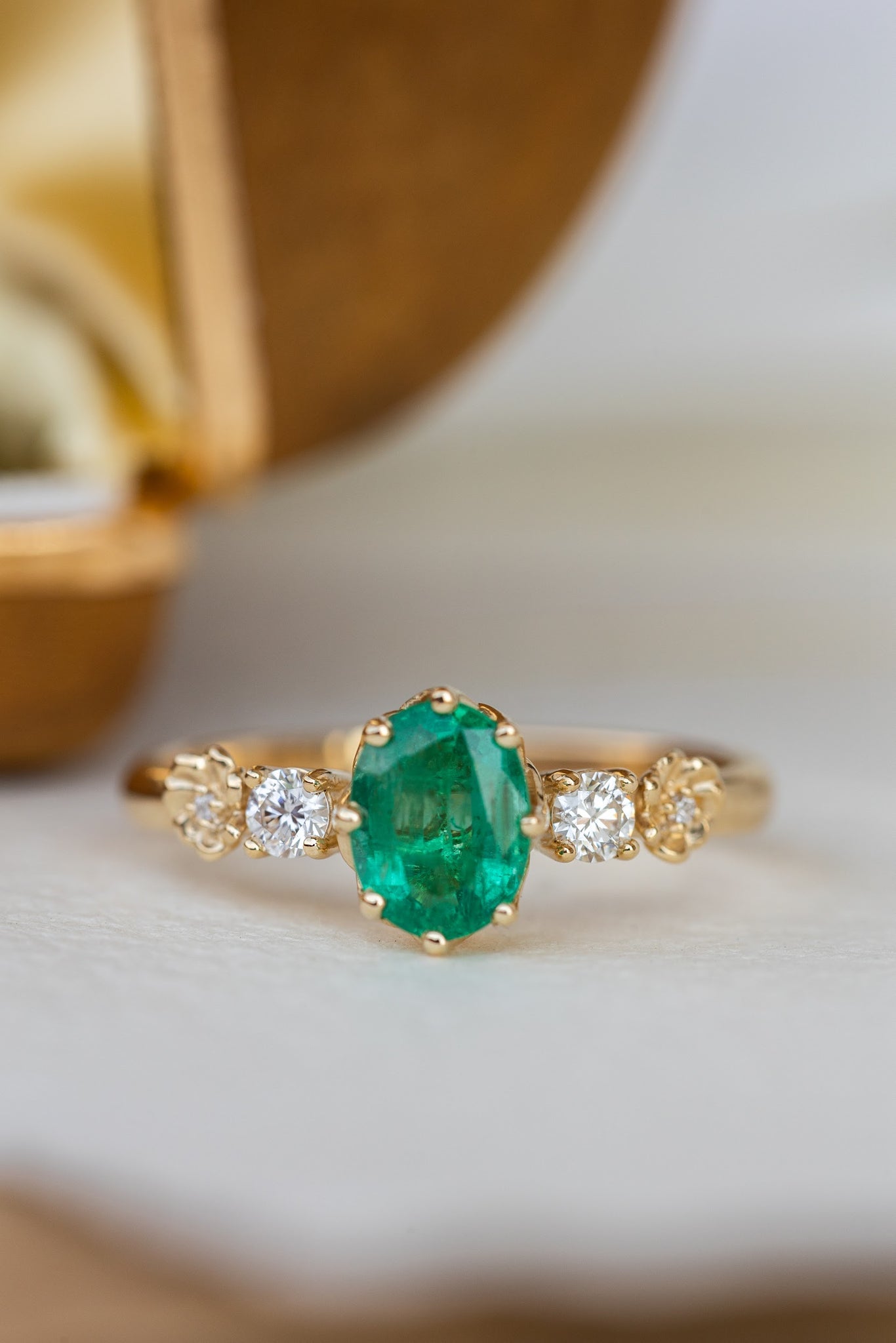 Natural oval emerald engagement ring, flower engagement ring with ...