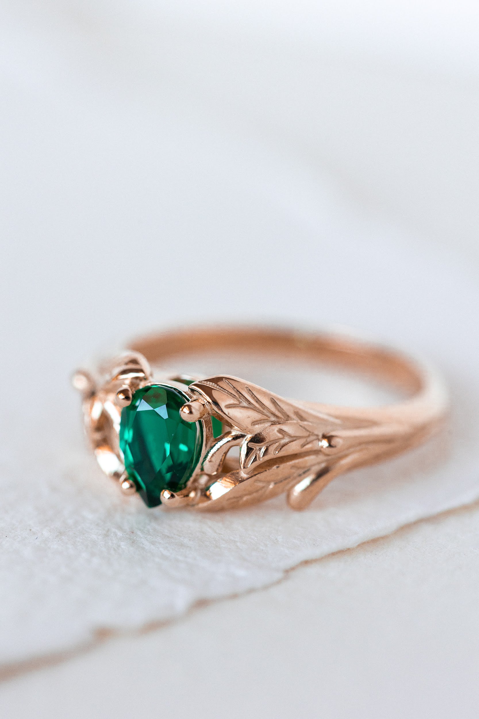 READY TO SHIP: Wisteria engagement ring with pear cut lab emerald in 14K rose gold, AVAILABLE RING SIZES: 4.25-6.25 US - Eden Garden Jewelry™