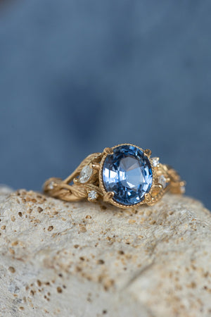 Light blue sapphire bridal ring set, gold branch engagement ring with diamonds / Patricia - Eden Garden Jewelry™