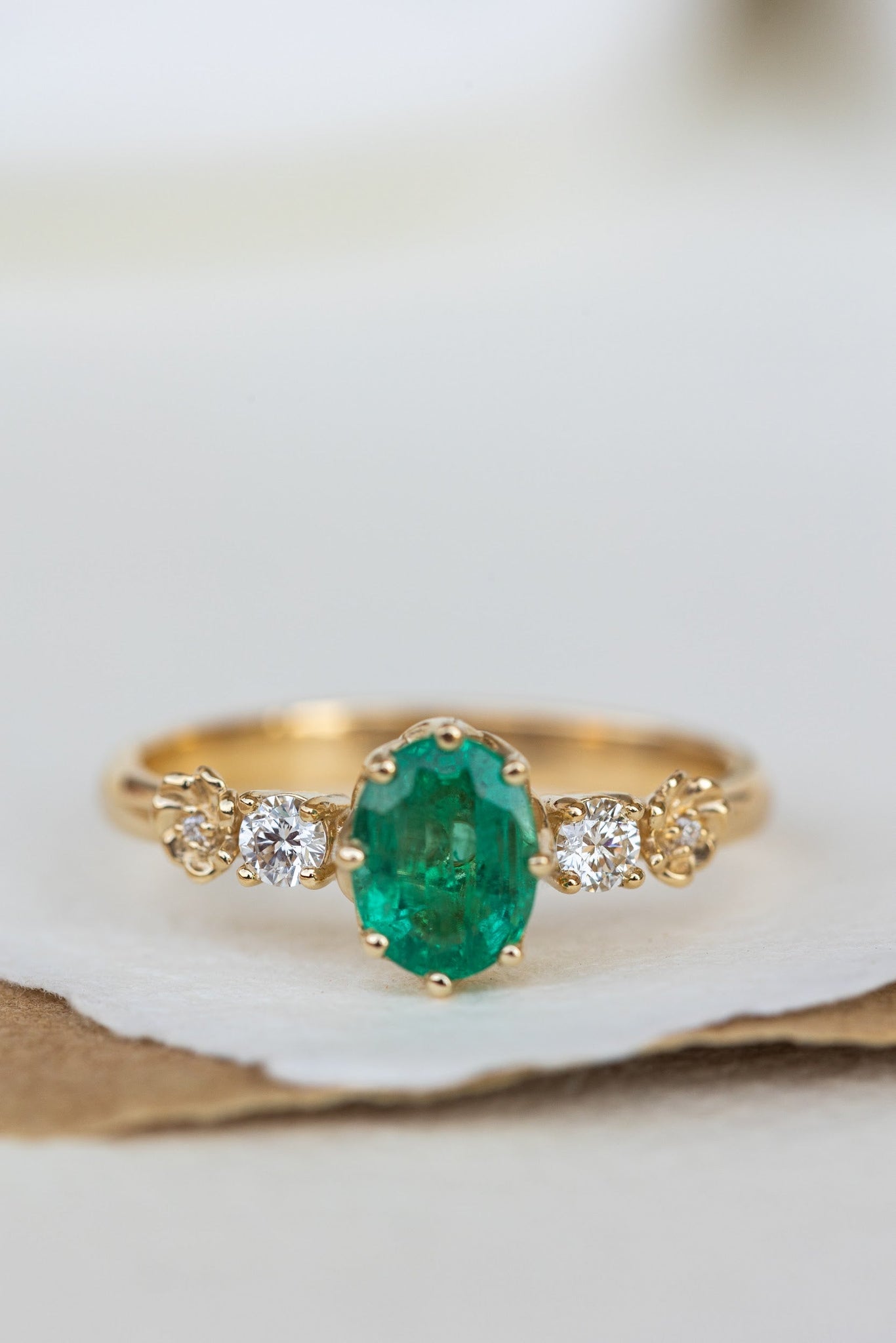 Natural oval emerald engagement ring, flower engagement ring with diamonds / Fiorella - Eden Garden Jewelry™