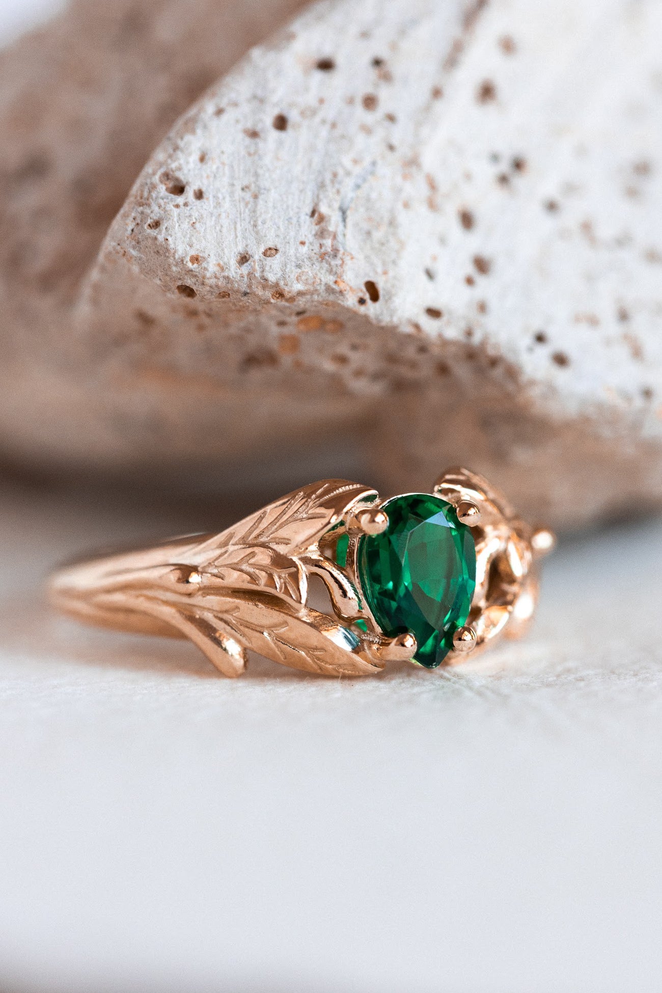 READY TO SHIP: Wisteria engagement ring with pear cut lab emerald in 14K rose gold, AVAILABLE RING SIZES: 4.25-6.25 US - Eden Garden Jewelry™