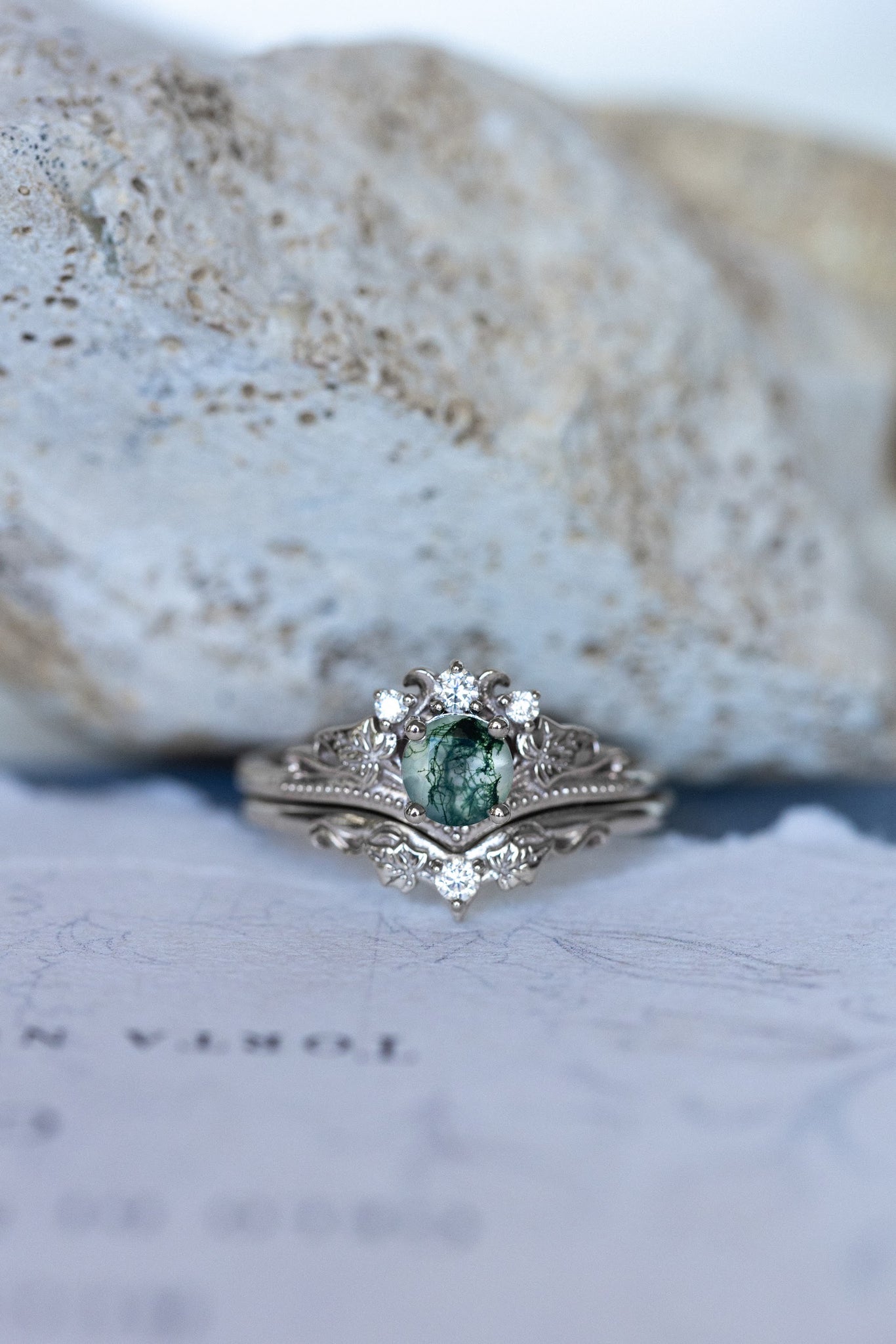 READY TO SHIP: Ariadne bridal ring set in 14K or 18K white gold, natural moss agate 5 mm, accents moissanites, AVAILABLE RING SIZES: 6-11US - Eden Garden Jewelry™