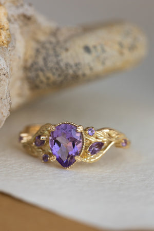 Amethyst engagement ring, gold vines and leaves proposal ring / Patricia - Eden Garden Jewelry™