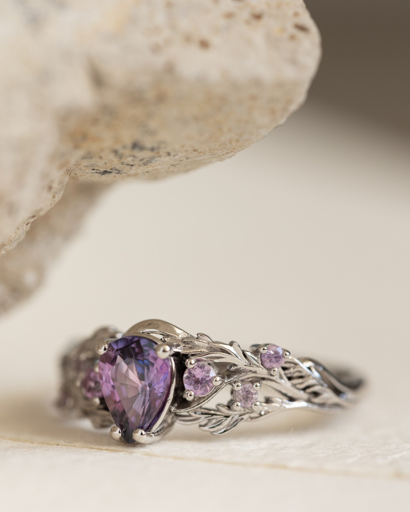 Natural bicolor purple sapphire nature inspired white gold engagement ring / Japanese Maple - Eden Garden Jewelry™