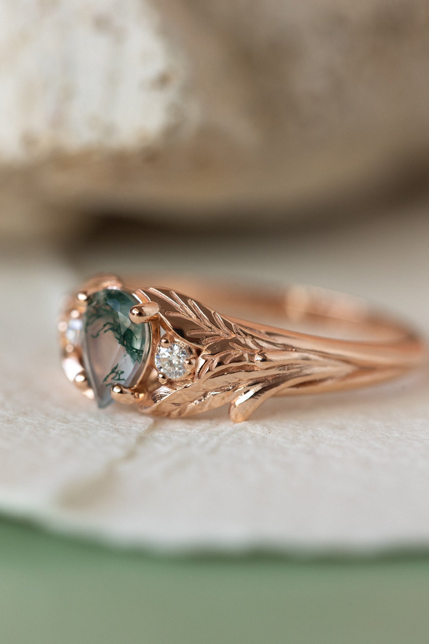 One of a kind moss agate engagement ring, rose gold engagement ring with accent diamonds / Wisteria - Eden Garden Jewelry™