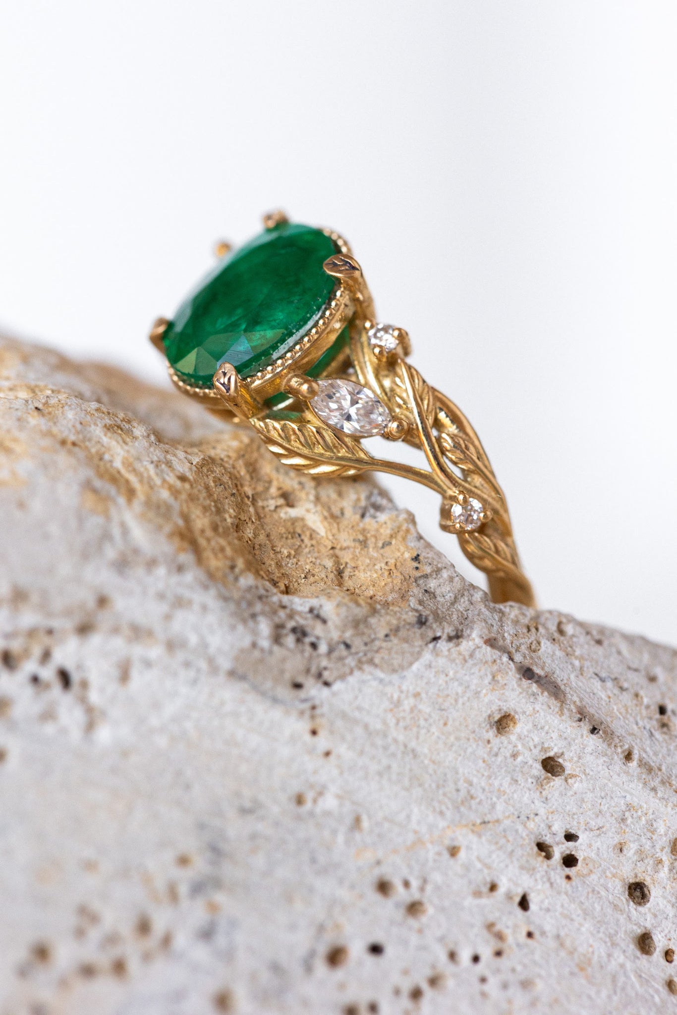 Natural emerald and diamonds engagement ring, gold nature inspired engagement ring / Patricia - Eden Garden Jewelry™