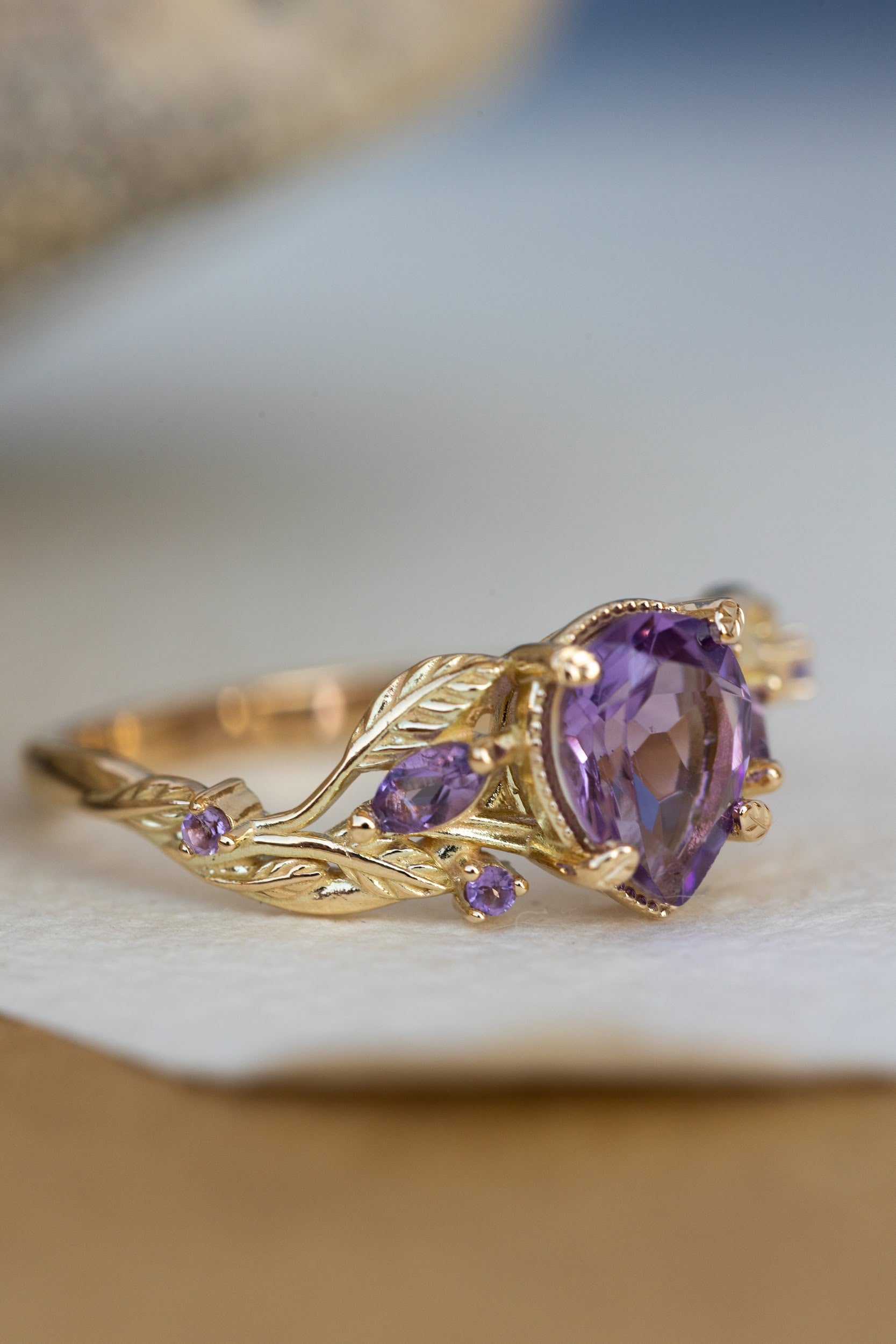 Amethyst engagement ring, gold vines and leaves proposal ring