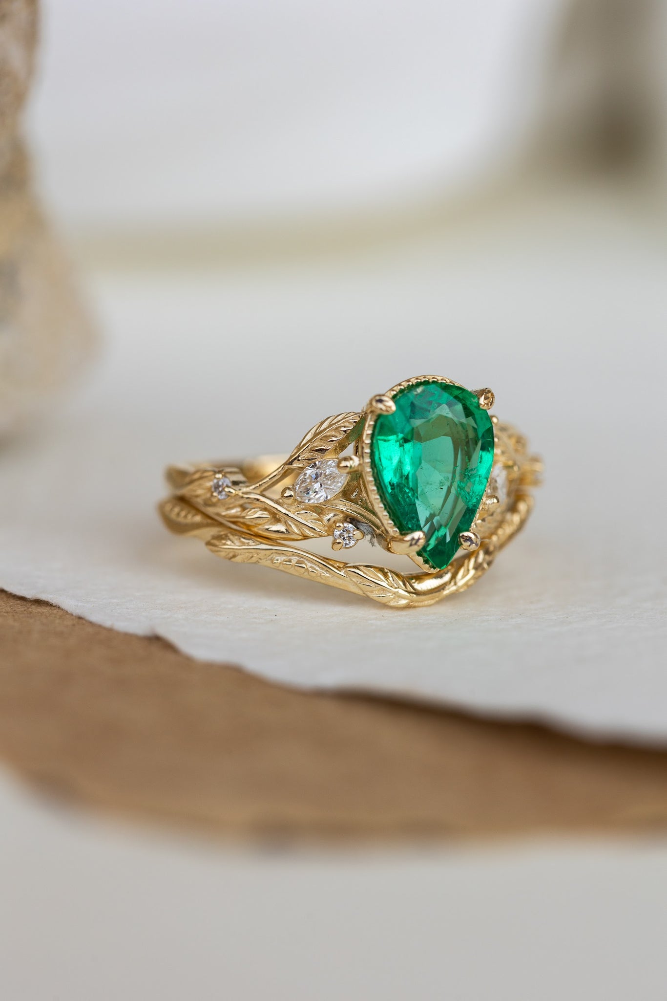 Big pear natural emerald engagement ring, gold nature inspired promise ring / Patricia - Eden Garden Jewelry™