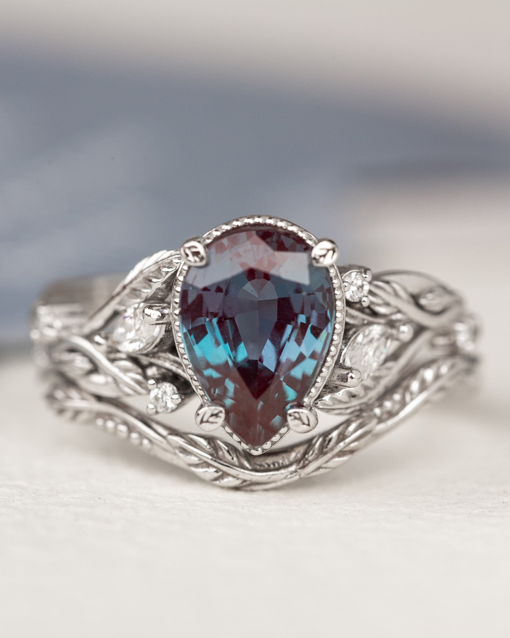 Big alexandrite twig engagement ring set, white gold leaf bridal ring set with marquise cut diamonds  / Patricia - Eden Garden Jewelry™