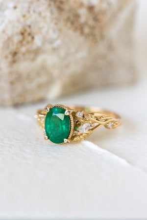 Natural emerald and diamonds engagement ring, gold nature inspired engagement ring / Patricia - Eden Garden Jewelry™