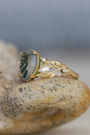 Big moss agate engagement ring, gold branch proposal ring with accent diamonds / Patricia - Eden Garden Jewelry™