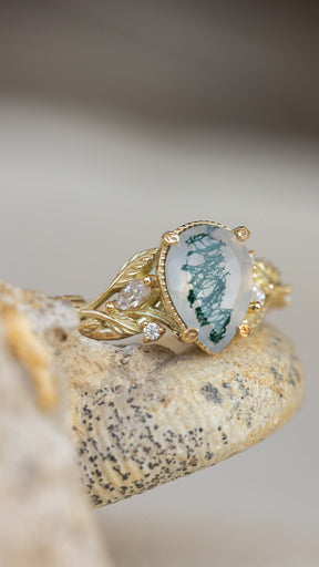 Big moss agate engagement ring, gold branch proposal ring with accent diamonds / Patricia - Eden Garden Jewelry™
