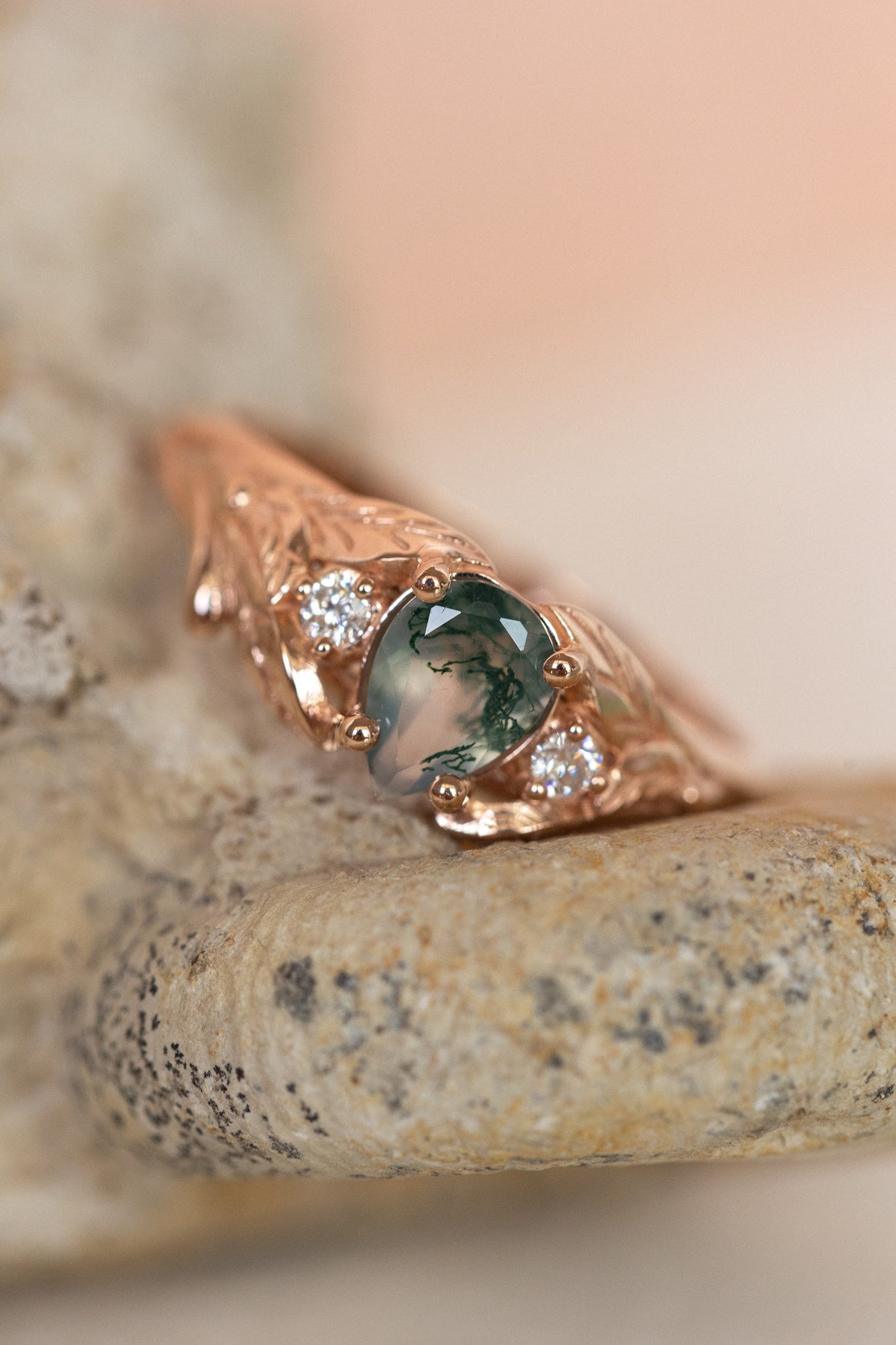 One of a kind moss agate engagement ring, rose gold engagement ring with accent diamonds / Wisteria - Eden Garden Jewelry™