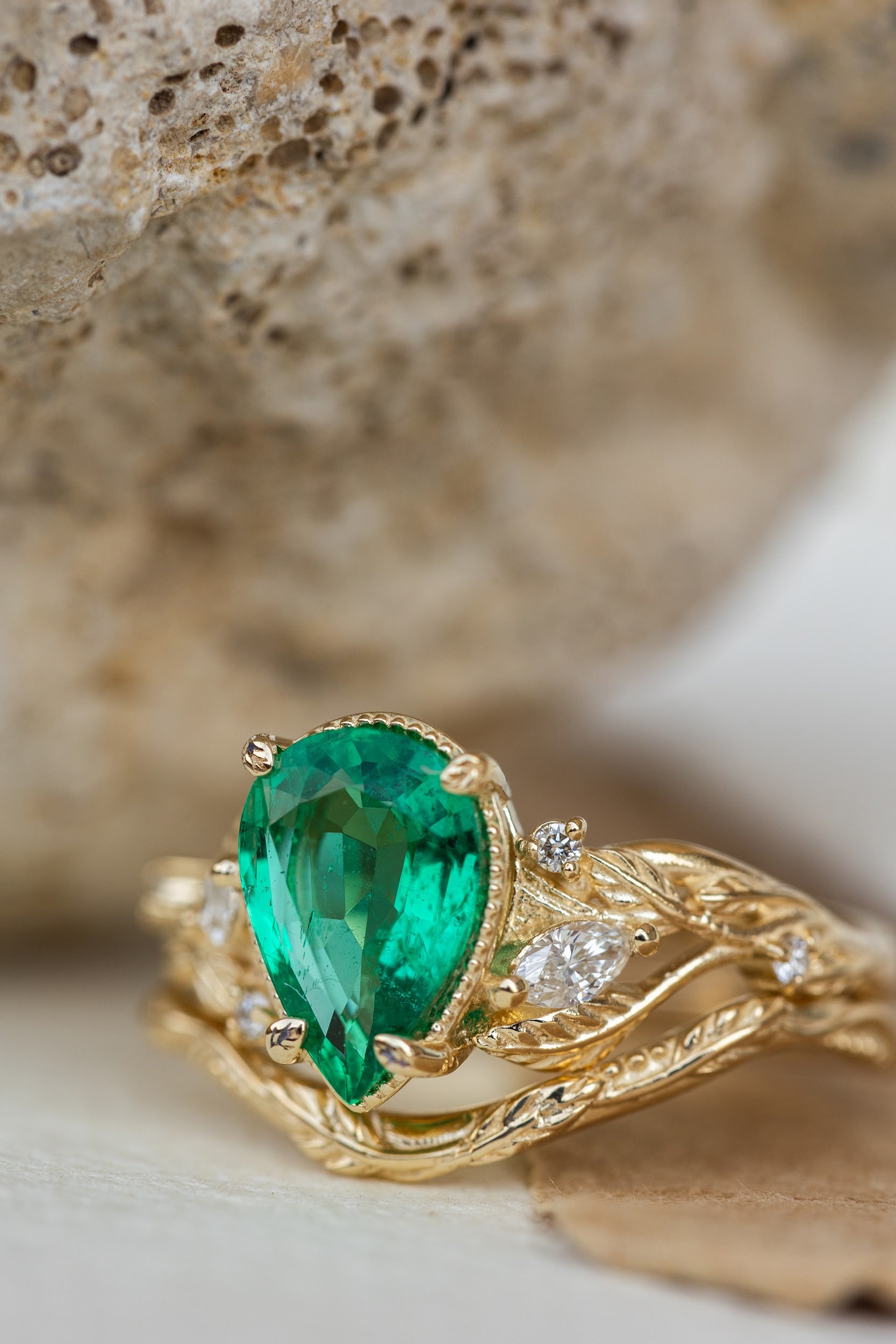 Natural Emerald Engagement Ring Set Gold Twig Leaf Rings – Eden