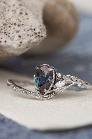 Big alexandrite twig engagement ring set, white gold leaf bridal ring set with marquise cut diamonds  / Patricia