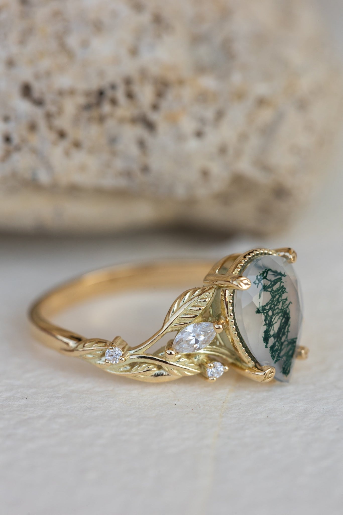 Big moss agate engagement ring, gold branch proposal ring with accent diamonds / Patricia - Eden Garden Jewelry™