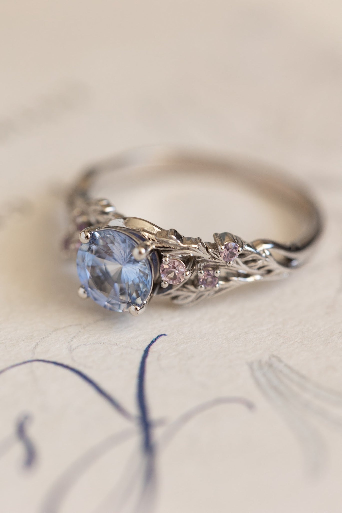 Natural purplish blue sapphire nature inspired white gold engagement ring / Japanese Maple - Eden Garden Jewelry™