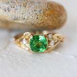 Tsavorite garnet engagement ring, gold ring with leaves and diamonds / Patricia - Eden Garden Jewelry™