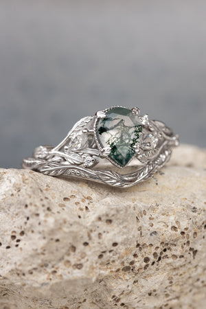 One of a kind moss agate engagement ring set, white gold twig stacking rings with diamonds / Patricia - Eden Garden Jewelry™