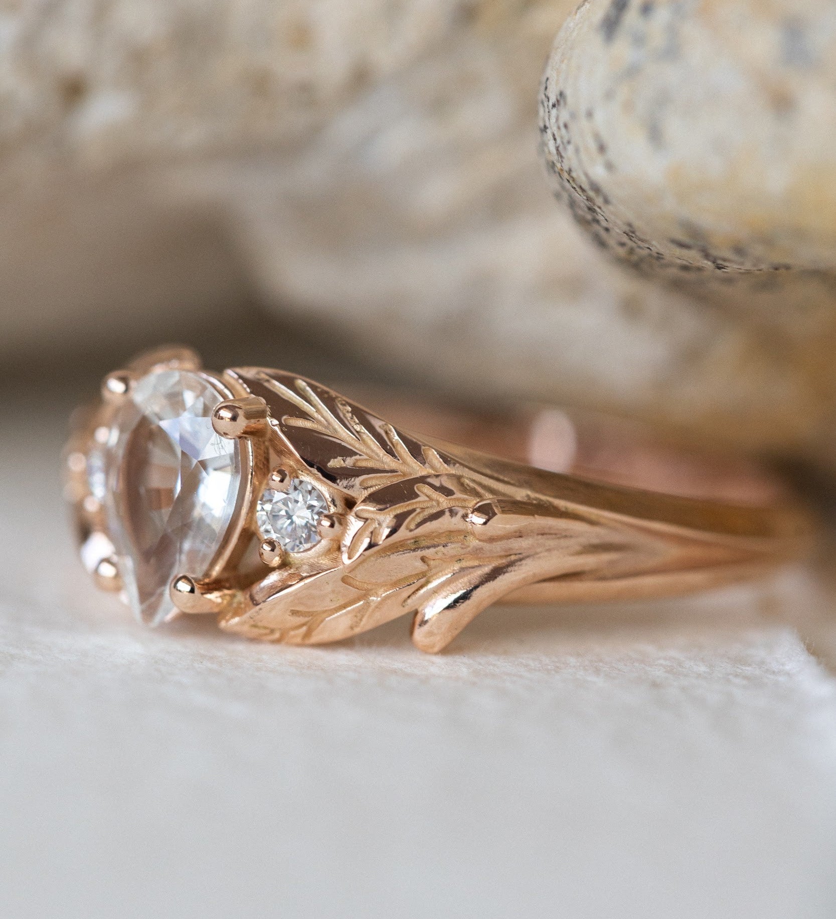 White sapphire engagement ring, rose gold engagement ring with accent diamonds / Wisteria - Eden Garden Jewelry™