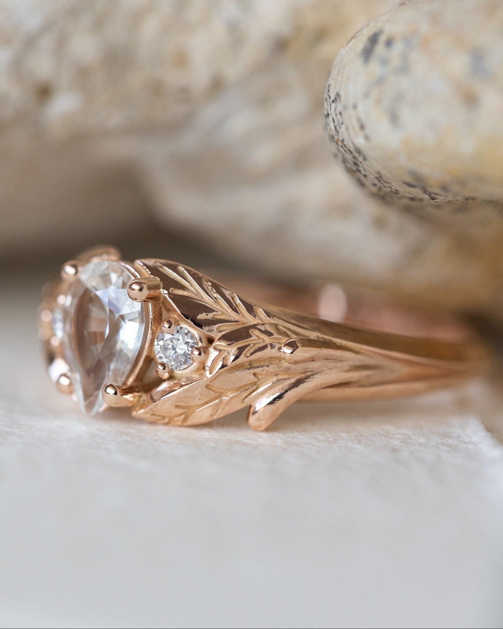 White sapphire engagement ring, rose gold engagement ring with accent diamonds / Wisteria - Eden Garden Jewelry™