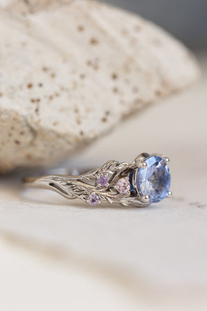 Natural purplish blue sapphire nature inspired white gold engagement ring / Japanese Maple - Eden Garden Jewelry™