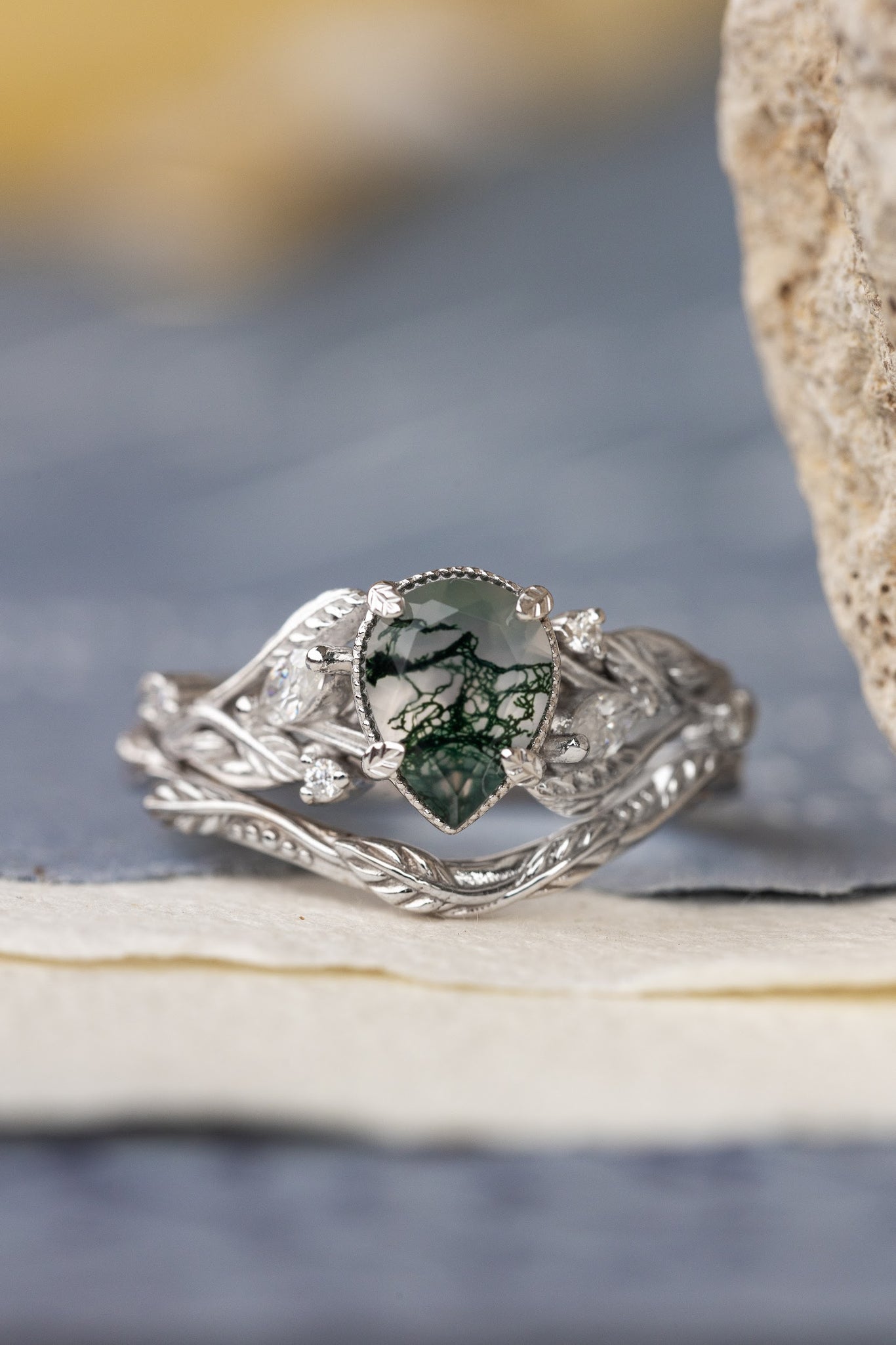 One of a kind moss agate engagement ring set, white gold twig stacking rings with diamonds / Patricia - Eden Garden Jewelry™