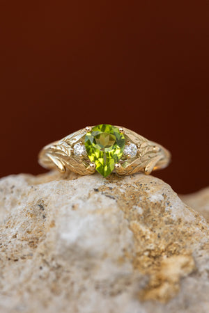 Peridot engagement ring, nature inspired gold ring with side diamonds / Wisteria - Eden Garden Jewelry™