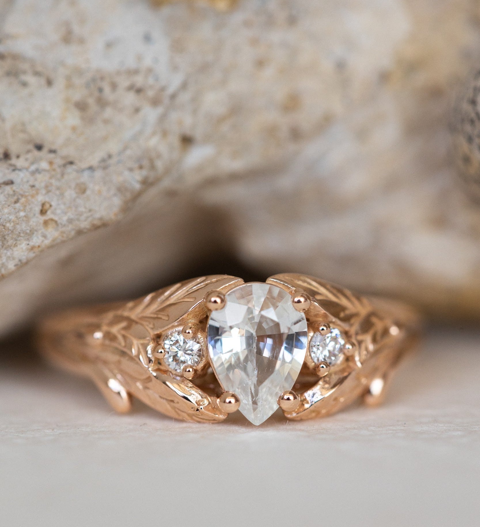 White sapphire engagement ring, rose gold engagement ring with accent diamonds / Wisteria - Eden Garden Jewelry™