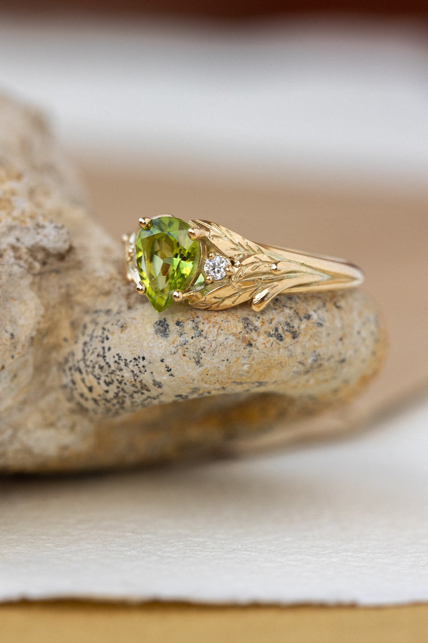 Peridot engagement ring, nature inspired gold ring with side diamonds / Wisteria - Eden Garden Jewelry™